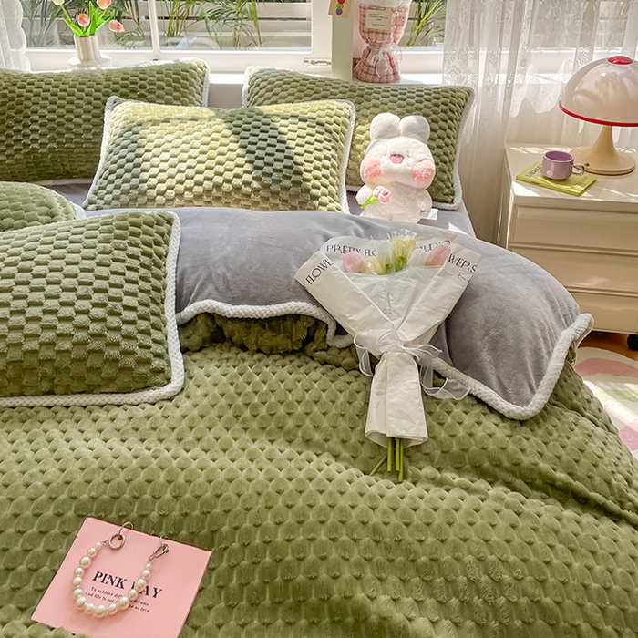 91家纺网 家纺一手货源 找家纺 梦之岛 2023包边AB面牛奶绒印染提花金龟绒加厚保暖四件套 金龟绒-抹茶绿