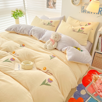 韩都 2023新款冬季加厚牛奶绒毛巾绣四件套 加厚牛奶绒-小郁仙绒