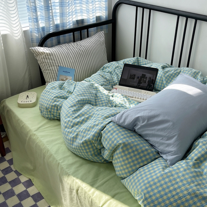 91家纺网 家纺一手货源 找家纺 六巷胡同 2023新款ins博主风洋气小格子篇四件套 芝士黄小格