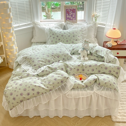 91家纺网 家纺一手货源 找家纺 （总）七七  2025新款13370印花全棉雪纺床裙款四件套