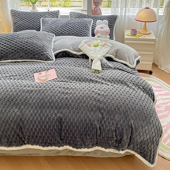 91家纺网 家纺一手货源 找家纺 梦之岛 2023包边AB面牛奶绒印染提花金龟绒加厚保暖四件套 金龟绒-深灰