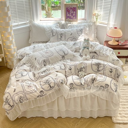 91家纺网 家纺一手货源 找家纺 （总）七七  2025新款13370印花全棉雪纺床裙款四件套