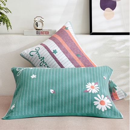 91家纺网 家纺一手货源 找家纺 朴尔 2023新款三层纱布定位枕巾 小野菊-绿