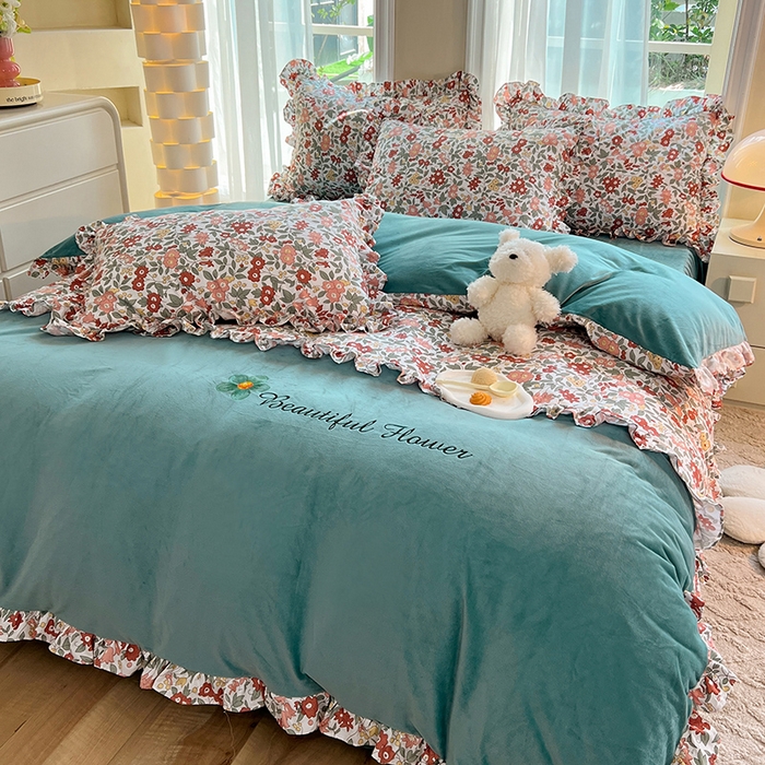 91家纺网 家纺一手货源 找家纺 绒兔兔 2023新款双层纱棉加牛奶绒四件套 绒-春日蜜糖