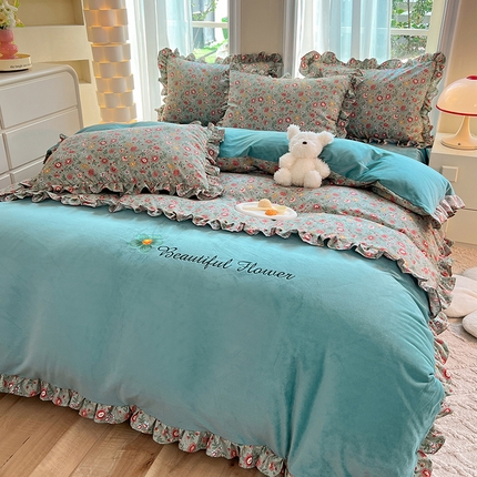 绒兔兔 2023新款双层纱棉加牛奶绒四件套 绒-秘密花园