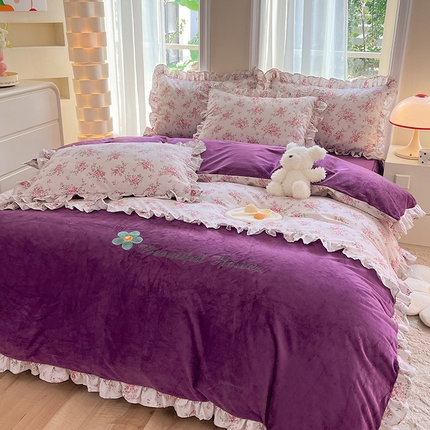 绒兔兔 2023新款双层纱棉加牛奶绒四件套 绒-油画意境