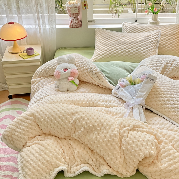 91家纺网 家纺一手货源 找家纺 梦之岛 2023包边AB面牛奶绒印染提花金龟绒加厚保暖四件套 金龟绒-奶昔白+绿