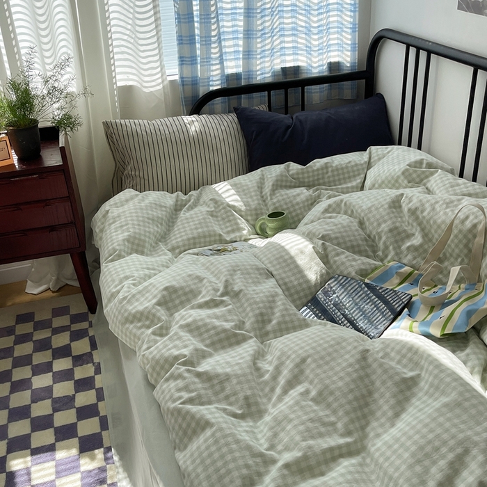 91家纺网 家纺一手货源 找家纺 六巷胡同 2023新款ins博主风洋气小格子篇四件套 薄荷绿小格