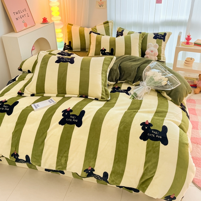 91家纺网 家纺一手货源 找家纺 呗旺鹿 2023新款加厚高克重印花牛奶绒四件套直播爆款 奔跑的曲奇