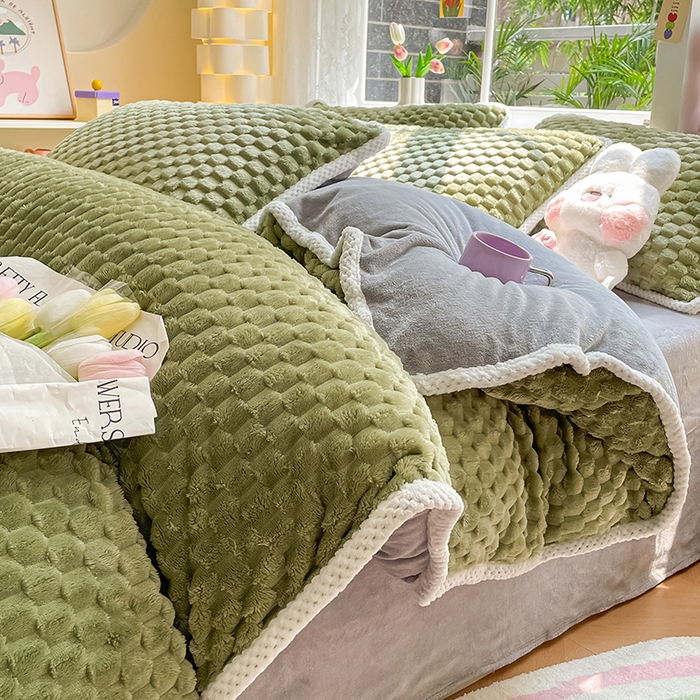 91家纺网 家纺一手货源 找家纺 梦之岛 2023包边AB面牛奶绒印染提花金龟绒加厚保暖四件套 金龟绒-抹茶绿