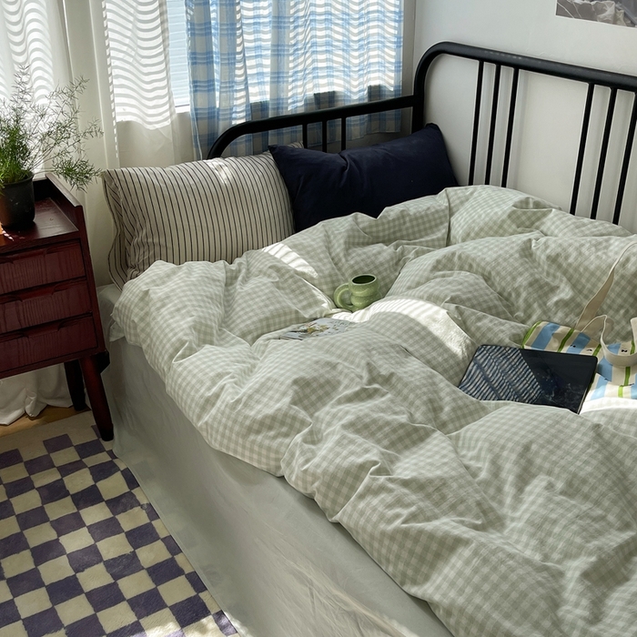 91家纺网 家纺一手货源 找家纺 六巷胡同 2023新款ins博主风洋气小格子篇四件套 薄荷绿小格