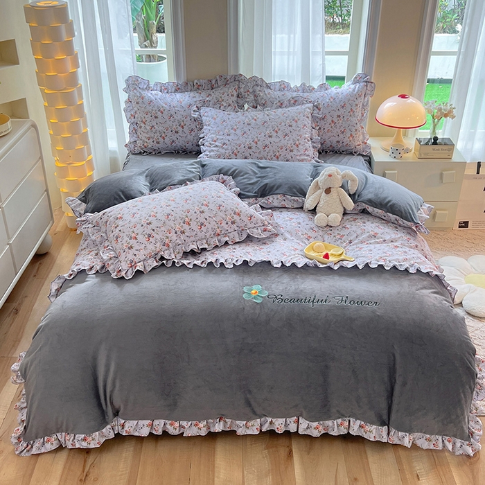 91家纺网 家纺一手货源 找家纺 绒兔兔 2023新款双层纱棉加牛奶绒四件套 绒-婉然