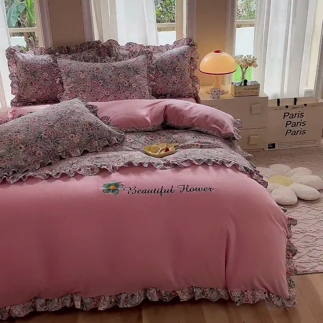 91家纺网 家纺一手货源 找家纺 绒兔兔 2023新款双层纱棉加牛奶绒四件套 绒-花满庭