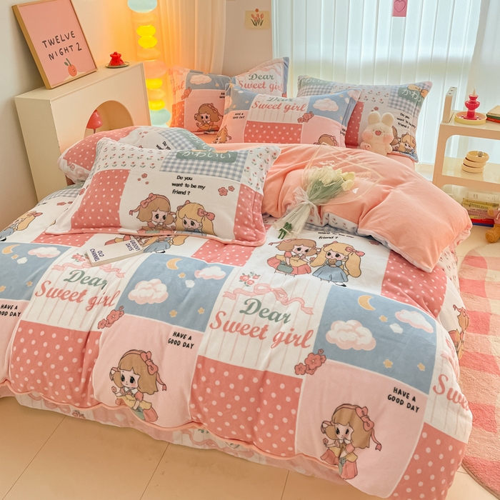 91家纺网 家纺一手货源 找家纺 呗旺鹿 2023新款加厚高克重印花牛奶绒四件套直播爆款 童话里