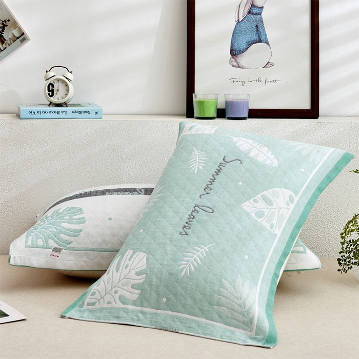 91家纺网 家纺一手货源 找家纺 朴尔家纺-毛巾被 2023新款混纺三层纱布枕巾详情图 幸福芭蕉-绿