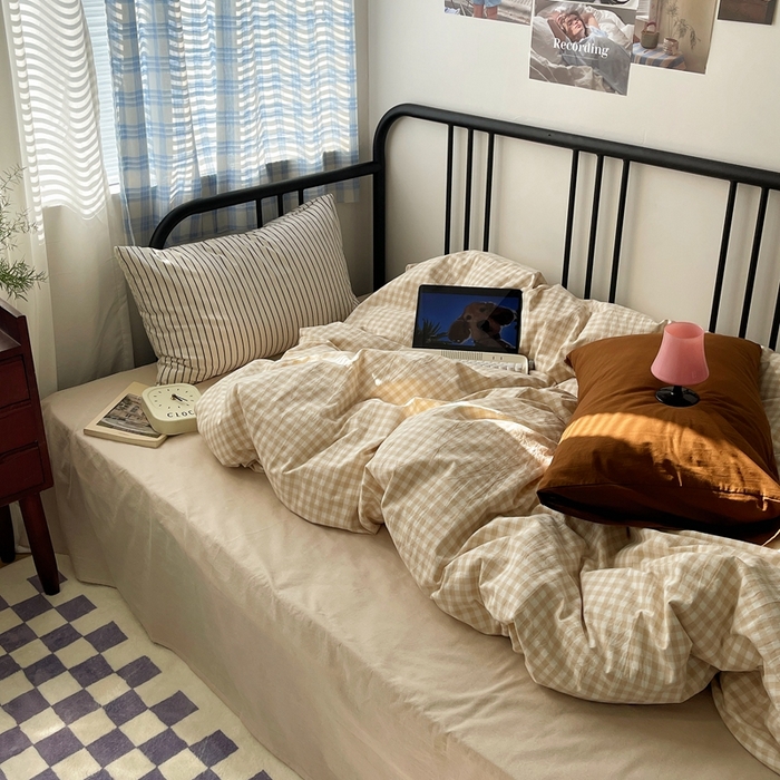 91家纺网 家纺一手货源 找家纺 六巷胡同 2023新款ins博主风洋气小格子篇四件套 浅米咖小格