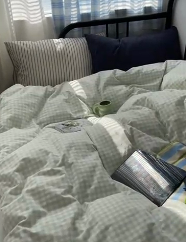 91家纺网 家纺一手货源 找家纺 六巷胡同 2023新款ins博主风洋气小格子篇四件套 薄荷绿小格