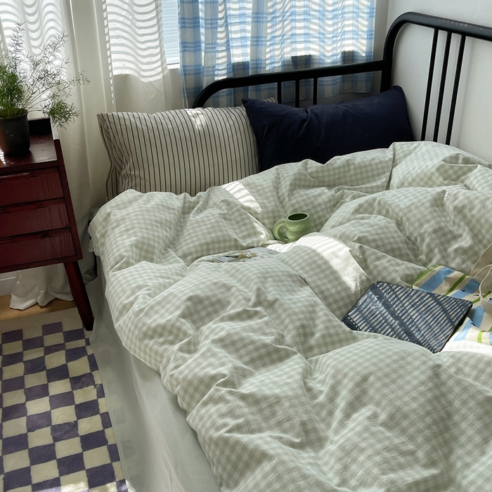 91家纺网 家纺一手货源 找家纺 六巷胡同 2023新款ins博主风洋气小格子篇四件套 薄荷绿小格