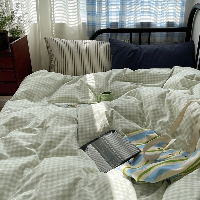 91家纺网 家纺一手货源 找家纺 六巷胡同 2023新款ins博主风洋气小格子篇四件套 薄荷绿小格