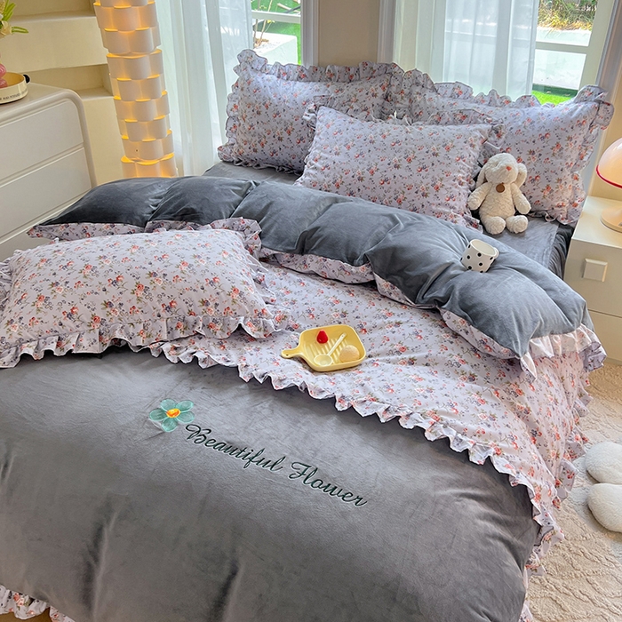 91家纺网 家纺一手货源 找家纺 绒兔兔 2023新款双层纱棉加牛奶绒四件套 绒-婉然