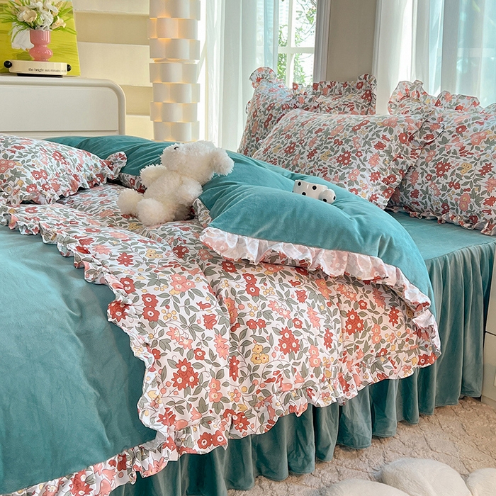 91家纺网 家纺一手货源 找家纺 绒兔兔 2023新款双层纱棉加牛奶绒四件套 绒-春日蜜糖