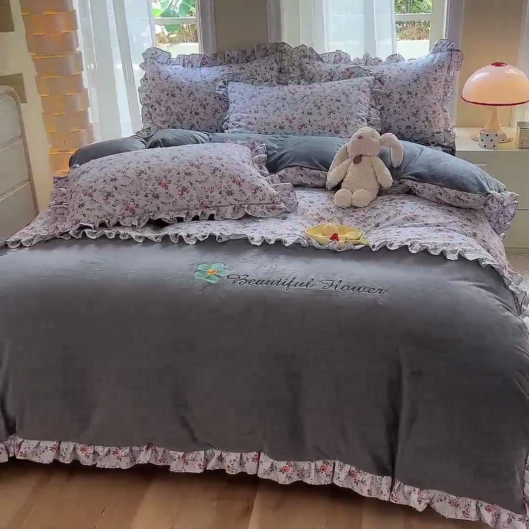 91家纺网 家纺一手货源 找家纺 绒兔兔 2023新款双层纱棉加牛奶绒四件套 绒-婉然