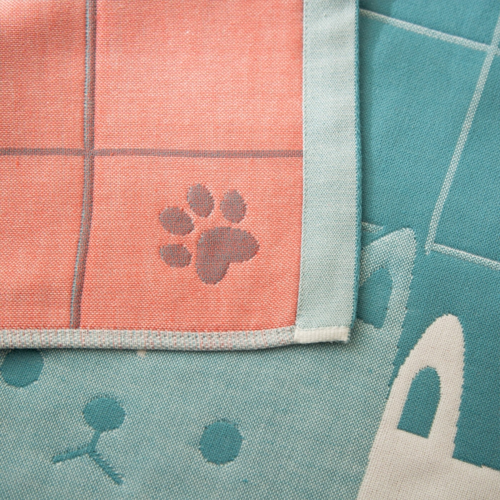 91家纺网 家纺一手货源 找家纺 朴尔家纺-毛巾被 2023新款卡通AB组合全棉四层纱布枕巾 两只小猫-绿