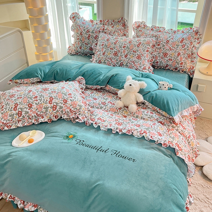 91家纺网 家纺一手货源 找家纺 绒兔兔 2023新款双层纱棉加牛奶绒四件套 绒-春日蜜糖