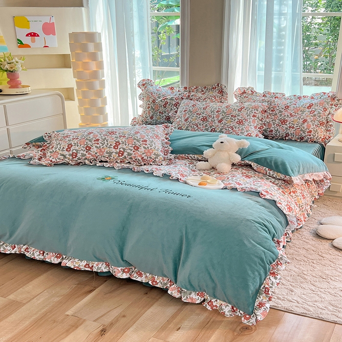 91家纺网 家纺一手货源 找家纺 绒兔兔 2023新款双层纱棉加牛奶绒四件套 绒-春日蜜糖