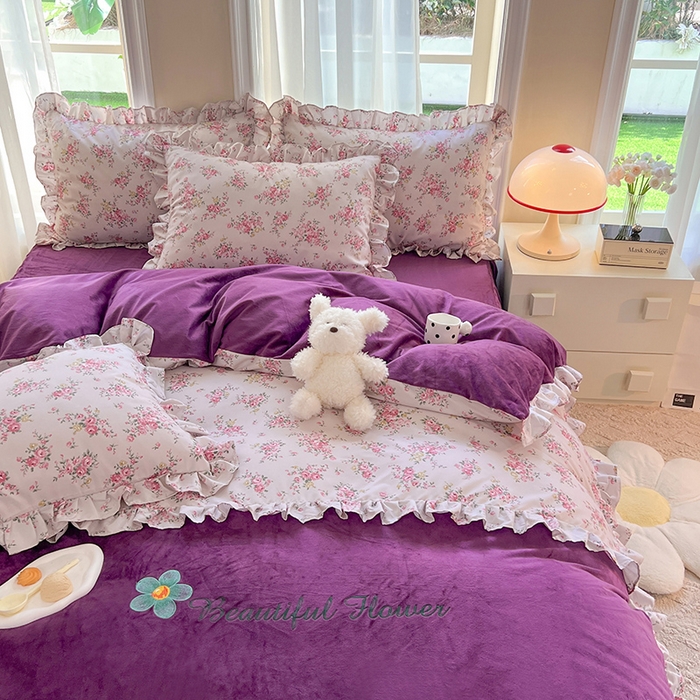 91家纺网 家纺一手货源 找家纺 绒兔兔 2023新款双层纱棉加牛奶绒四件套 绒-油画意境