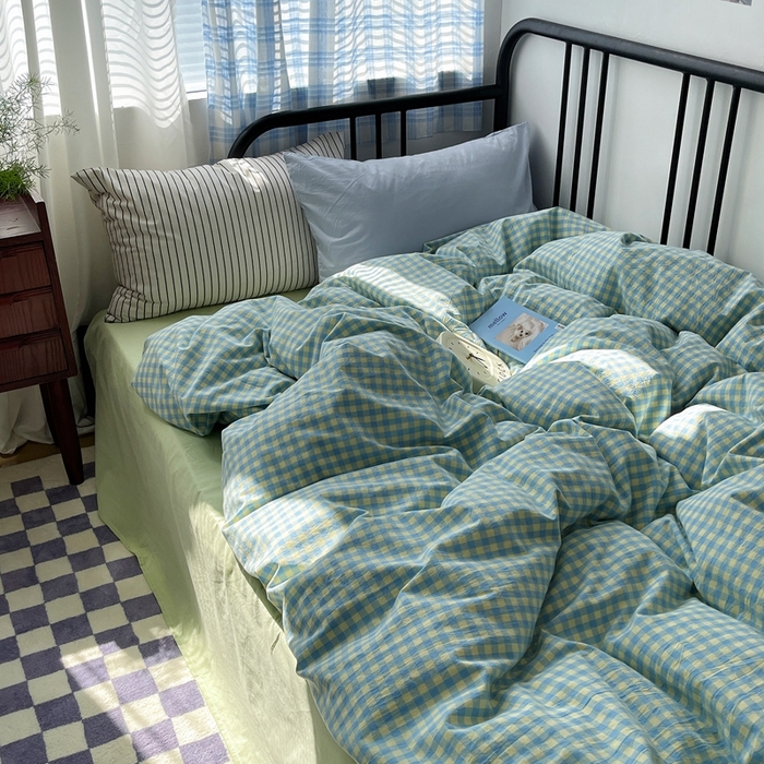 91家纺网 家纺一手货源 找家纺 六巷胡同 2023新款ins博主风洋气小格子篇四件套 芝士黄小格