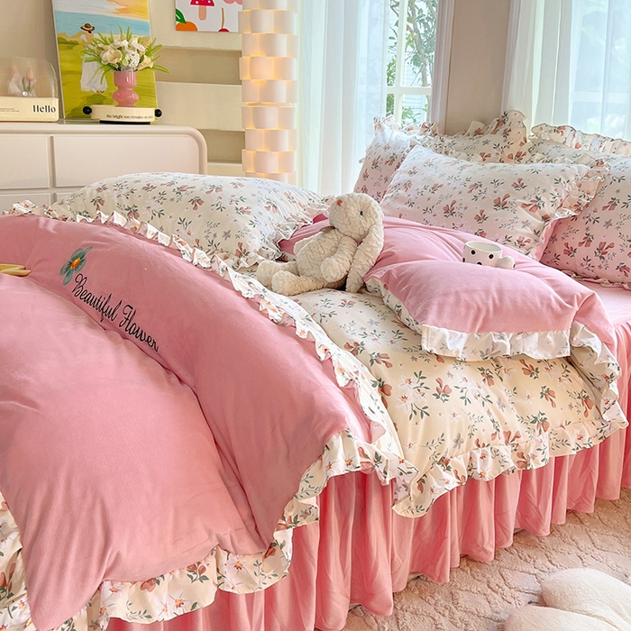 91家纺网 家纺一手货源 找家纺 绒兔兔 2023新款双层纱棉加牛奶绒四件套 绒-花蜜悠然