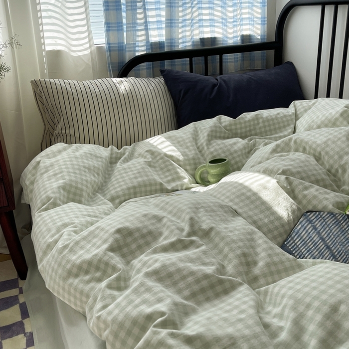 91家纺网 家纺一手货源 找家纺 六巷胡同 2023新款ins博主风洋气小格子篇四件套 薄荷绿小格