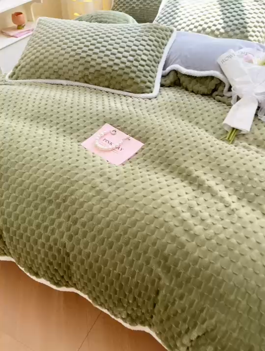 91家纺网 家纺一手货源 找家纺 梦之岛 2023包边AB面牛奶绒印染提花金龟绒加厚保暖四件套 金龟绒-抹茶绿