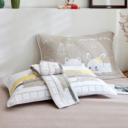 91家纺网 家纺一手货源 找家纺 朴尔 2023新款三层纱布定位枕巾 灯下萌宠-灰