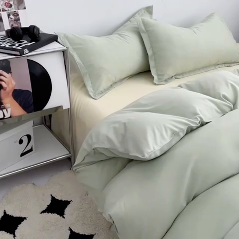 91家纺网 家纺一手货源 找家纺 贝拉梦2023新款个性撞色混搭亲肤棉四件套 茉莉奶绿