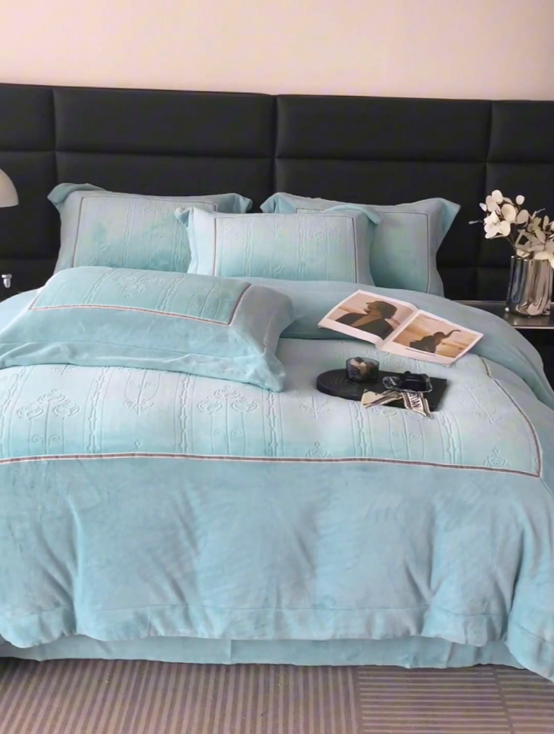 91家纺网 家纺一手货源 找家纺 榻尚家居 2023新款秋冬暖绒Queen系列-玫瑰花园 松石绿