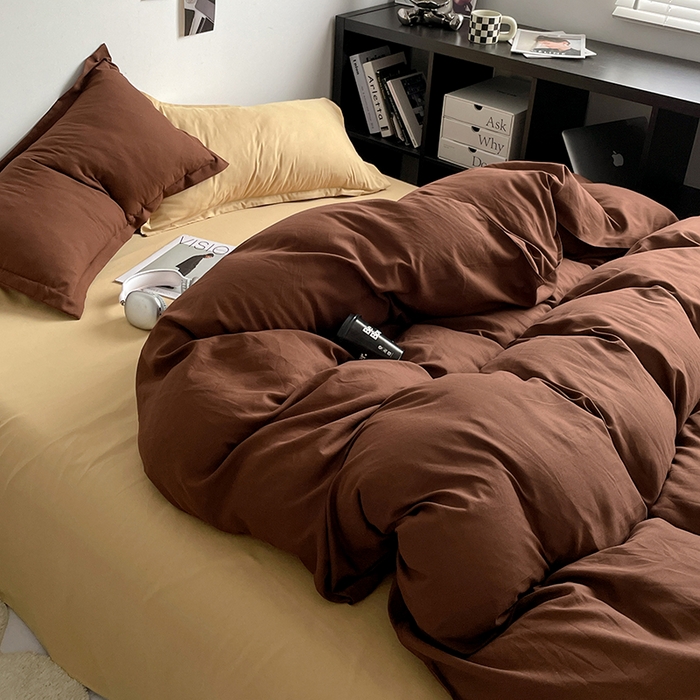 91家纺网 家纺一手货源 找家纺 贝拉梦2023新款个性撞色混搭亲肤棉四件套 椰蓉布朗尼