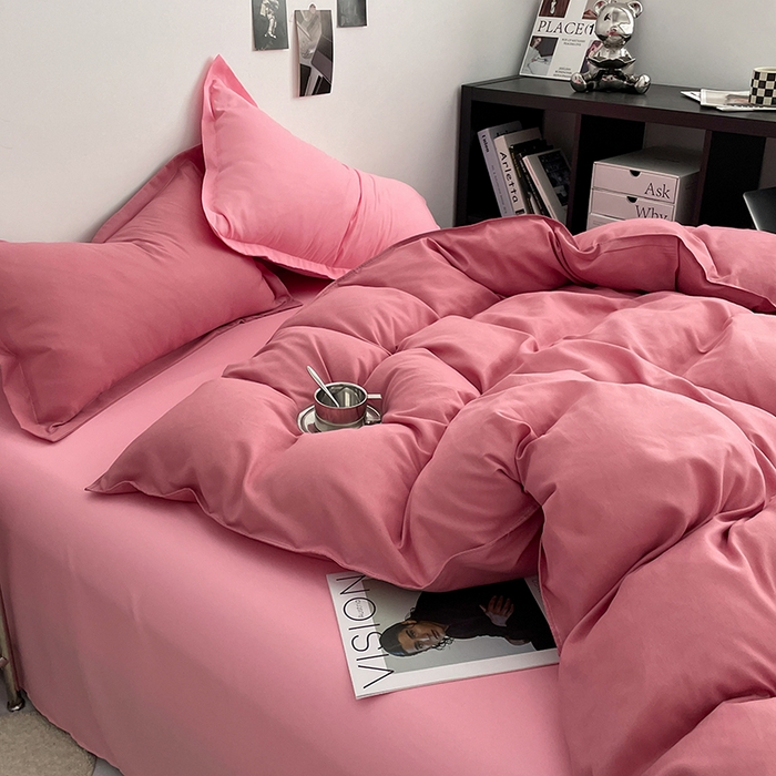 91家纺网 家纺一手货源 找家纺 贝拉梦2023新款个性撞色混搭亲肤棉四件套 白桃清茶