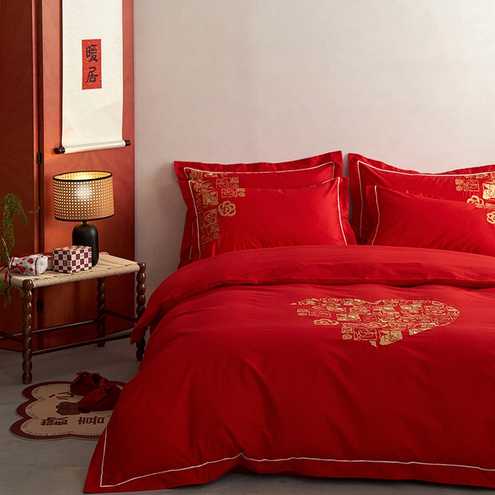 91家纺网 家纺一手货源 找家纺 （总）千朵森 2024新款新疆长绒棉婚庆刺绣四件套-（比翼）