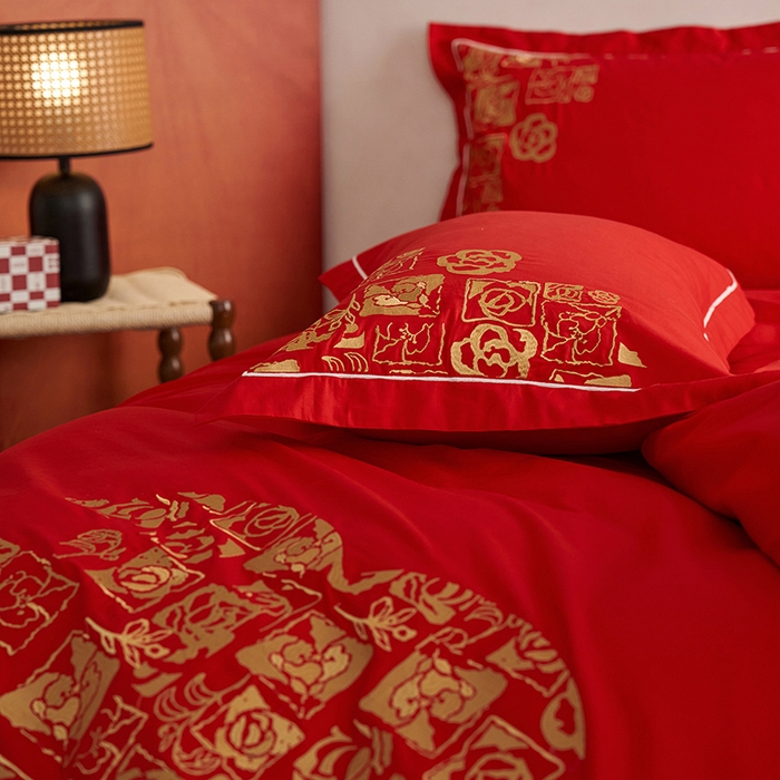 91家纺网 家纺一手货源 找家纺 （总）千朵森 2024新款新疆长绒棉婚庆刺绣四件套-（比翼）