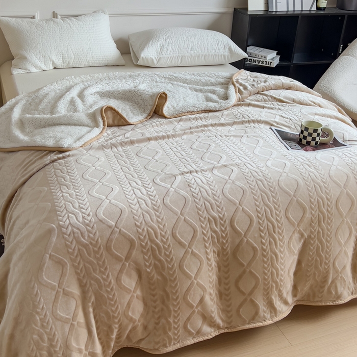 91家纺网 家纺一手货源 找家纺 宜家坊 新款秋冬高克重法莱绒羊羔绒立体剪花纯色多功能毛毯 浅奶咖