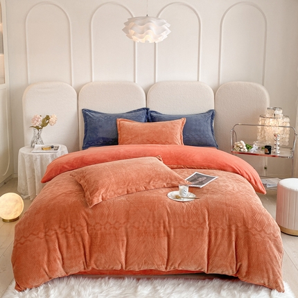 寐居家纺 2023年高克重烂花牛奶绒四件套 韩式烂花-橘色