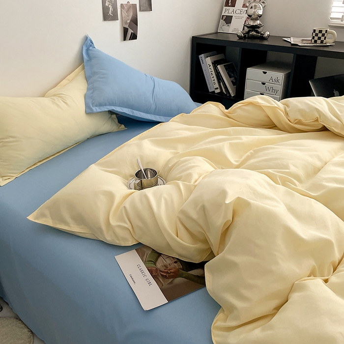 91家纺网 家纺一手货源 找家纺 贝拉梦2023新款个性撞色混搭亲肤棉四件套 芝士布鲁蓝