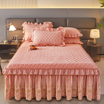 罗艺轩 2024新款欧洲风情宝宝绒可拆卸夹棉床裙三件套 美人玉