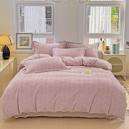 寐居家纺 2023年高克重烂花牛奶绒四件套 韩式玫瑰-芋泥紫