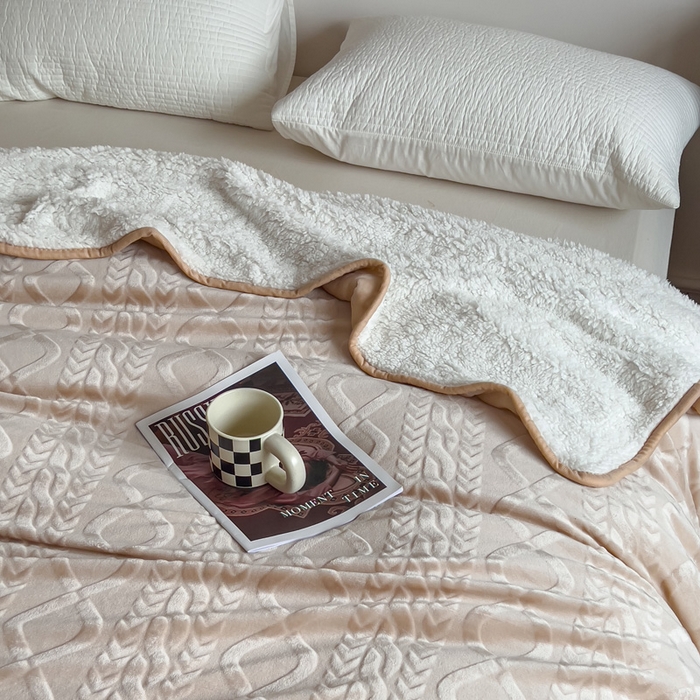 91家纺网 家纺一手货源 找家纺 宜家坊 新款秋冬高克重法莱绒羊羔绒立体剪花纯色多功能毛毯 浅奶咖