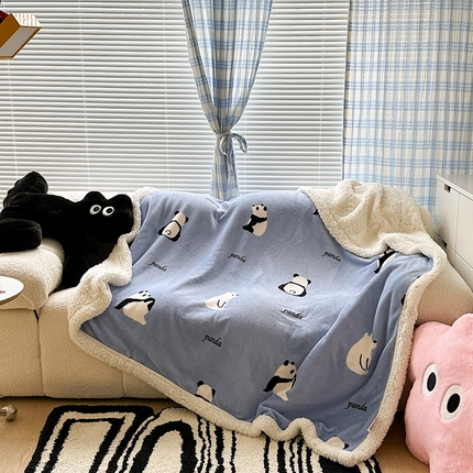 昔可家纺 2023新款ins风牛奶绒羊羔绒印花毛毯（风格二） 蓝底熊猫