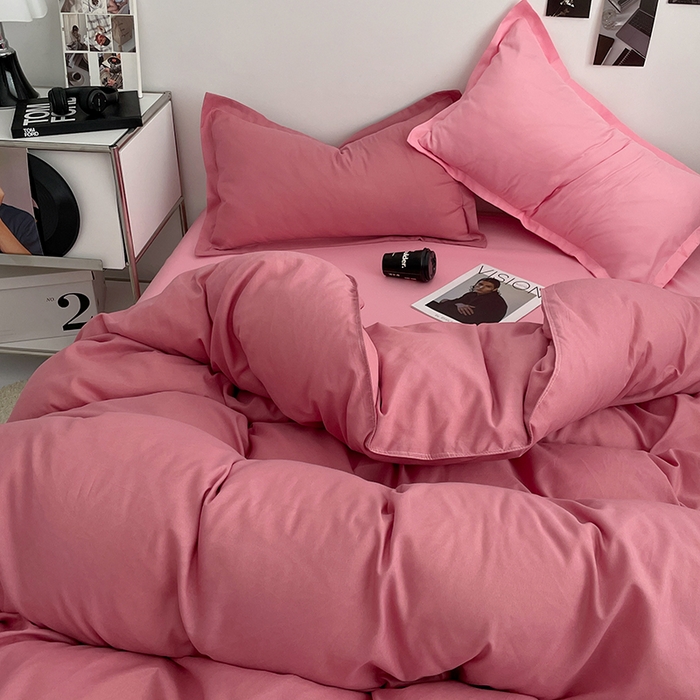 91家纺网 家纺一手货源 找家纺 贝拉梦2023新款个性撞色混搭亲肤棉四件套 白桃清茶