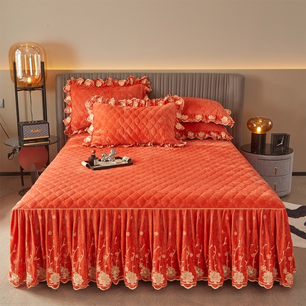 罗艺轩 2024新款花季宝宝绒全套夹棉絎缝加厚系列床裙三件套 爱玛橙